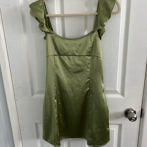 Satin Green Ruffle Strap Dress